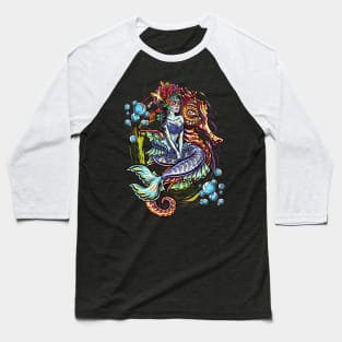 Day Of The Dead Mermaid Seahorse Graphic Art Design Gift Baseball T-Shirt